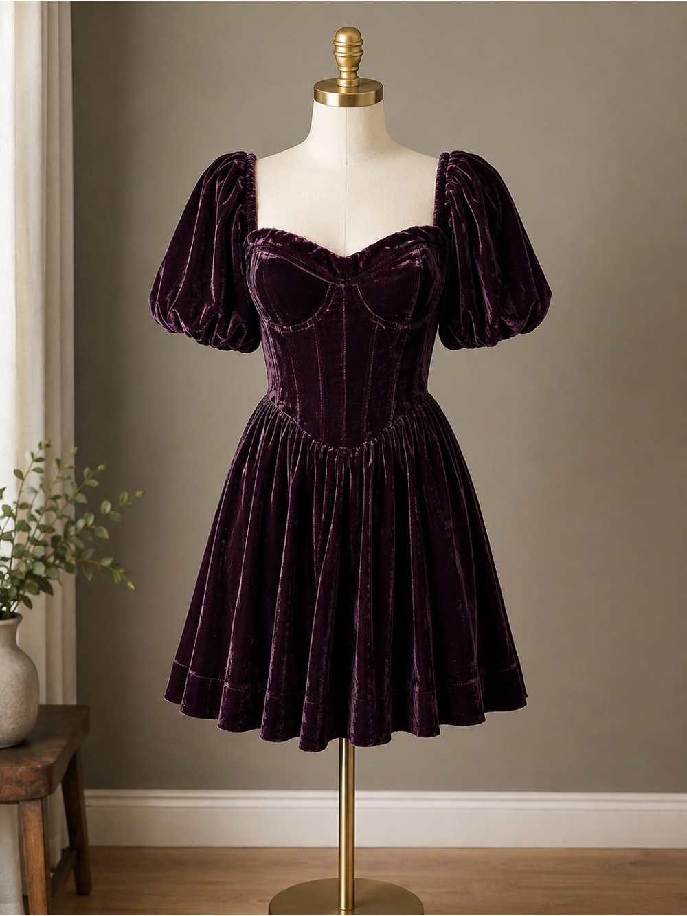 Altar'd State Deep Plum Velvet Puff-Sleeve Corset Mini Dress, M